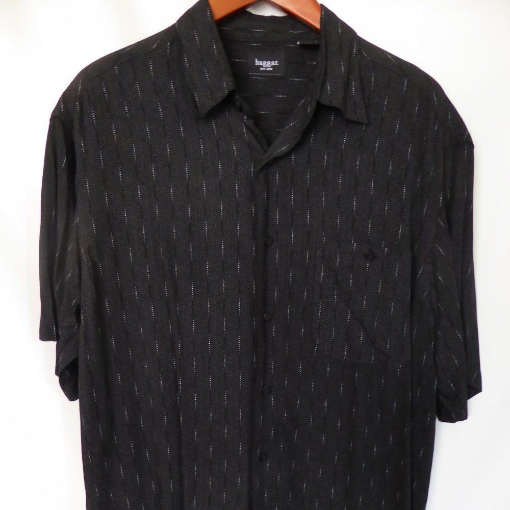 HAGGAR BRAND MENS BLACK CREAM DOTTED PATTERN SHIRT (PRE-OWNED) LARGE
